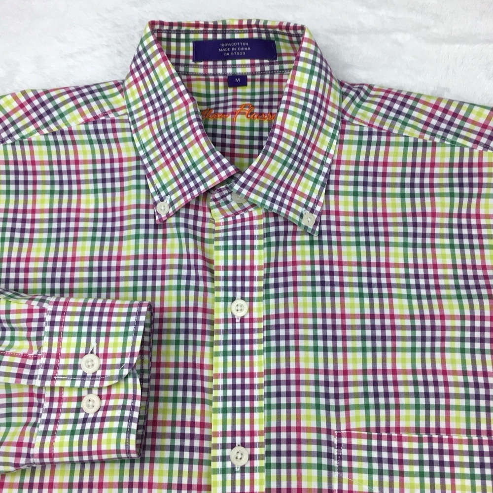 Alan Flusser Dress Shirt Mens Medium Multi-Color Checks Long Sleeves